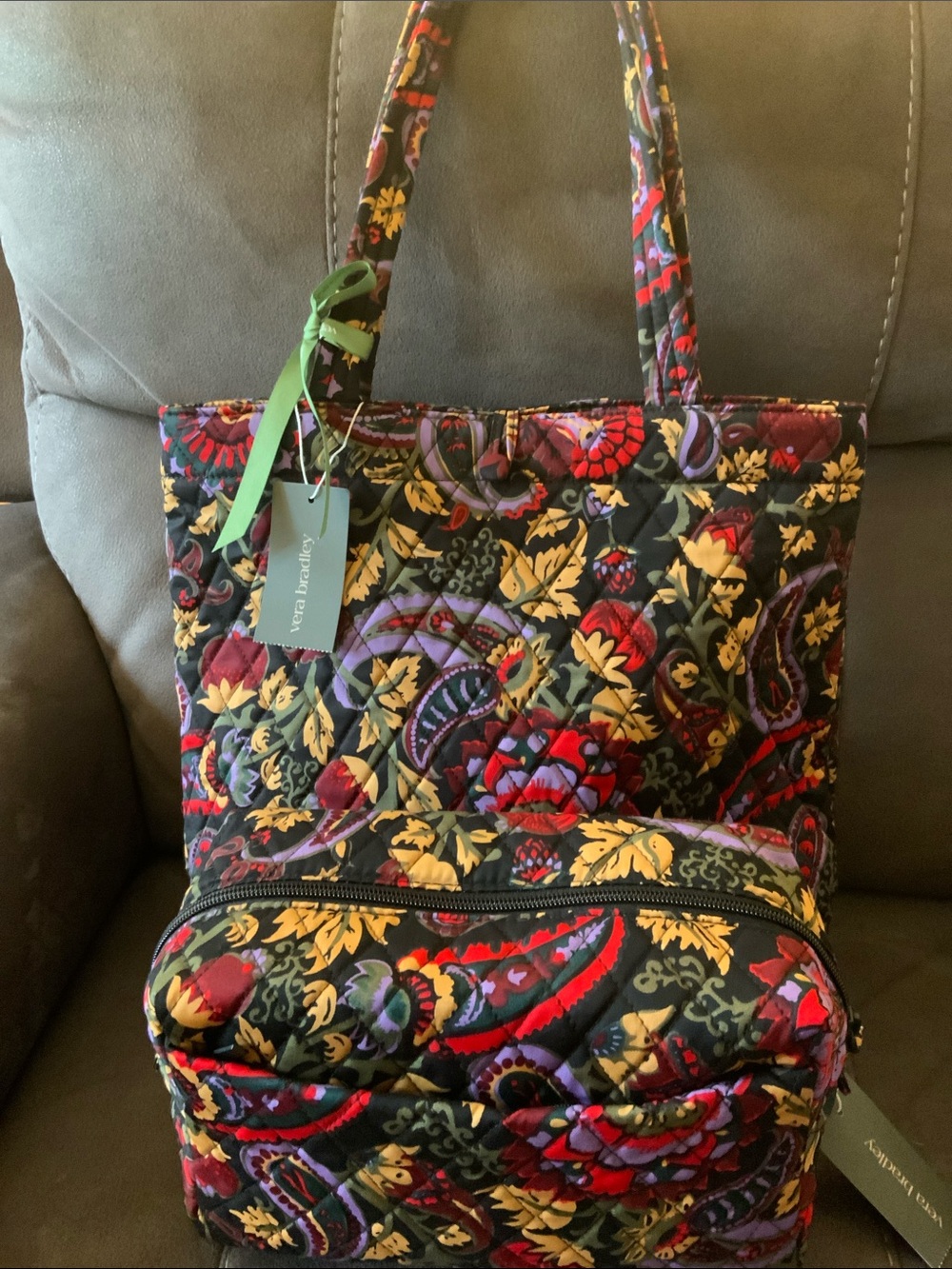Vera Bradley Black Floral Quilted Tote & Lg. Cosmetic Bag, Red, Purple & Yellow.
